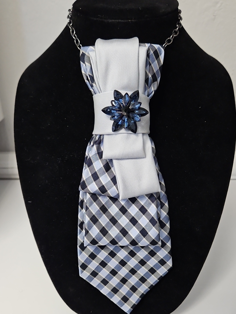 Tommy Hilfiger Upcycled Blue Plaid and Gray Necktie Necklace with Crystal Brooch